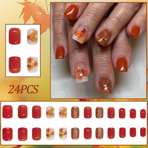 Fall Maple Leaf Press on Nails Short Square Fake Nails Maple Leaves with Gold Glitter Design Thanksgiving Maple Leaves False Nails Nude Autumn Stick on Nails Holiday Artificial Acrylic Nails for Women