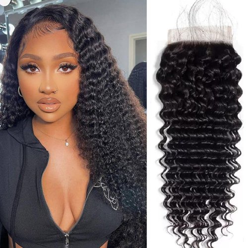 4x4 Deep Wave Lace Closure Human Hair 12 Inch Ear to Ear HD Lace Free Part Closure 100% Brazilian Virgin Human Hair Extensions 150% Density Lace Closure Pre Plucked (12 Inch, Natural Black Color)
