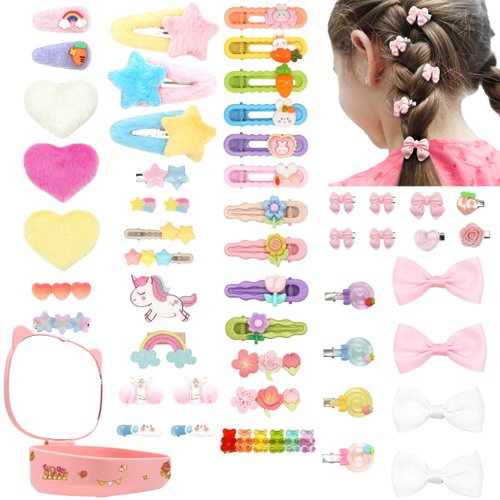 50 Pcs Girls Hair Clips, Cute Hair Accessories for Girls - Pink, Candy Color Kawaii Hair Clips. Toddler Hair Clips - Rainbow, Hearts, Stars, Flowers. Baby Hair Clips for Girls with Organizer