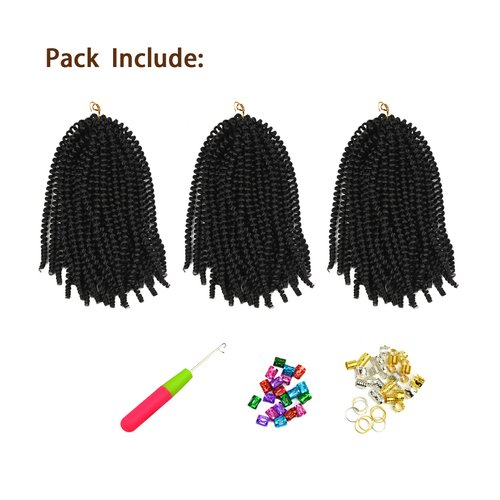 3 Pack Spring Twist Crochet Hair 8 Inch Braiding Hair Low Temperature Fiber Synthetic Hair Extensions (1B#)