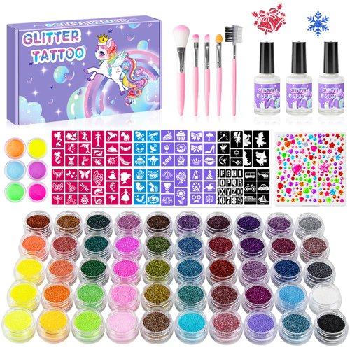 Temporary Glitter Tattoos Kids,50 Glitter Colors and 6 Fluorescent Colors,178 Stencils,2 diamond stickers,3 Glue,5 Brushes,Adults and Kids Arts Glitter Kit,Wonderful Holiday Gifts for Girls & Boys.