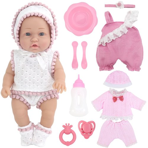 K.T. Fancy 14 Pcs 12 Inch Baby Doll with Washable Doll Clothes and Accessories, Cute Blue Eyes Baby Doll with Stylish Doll Onesie, First Baby Dolls for Toddlers 36 Months and Up