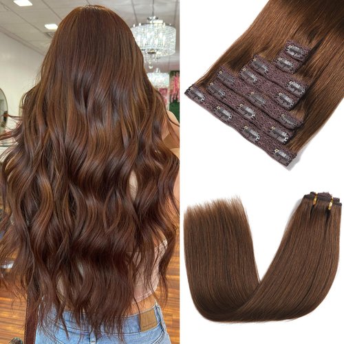 Rimoss Clip in Hair Extensions Real Human Hair, Chocolate Brown Hair Extensions Real Human Hair Clip ins Straight, Premium Soft 7pcs Remy Human Hair Clip in Extensions for Women (#4 14 Inch)