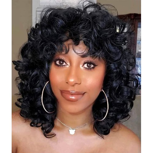 KEAT Curly Wigs for Black Women Short Big Curly Kinky Wigs for Women Afro Wavy Black Mixed Brown Wig with Bangs Cute Natural Synthetic Wigs for African American Women K001BKA