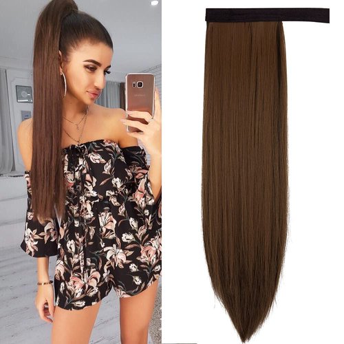 OMGREAT 28 Inch Clip in Ponytail Extension Wrap Around Straight Synthetic Hair Extensions for Women (Dark Brown Mix Light Auburn)