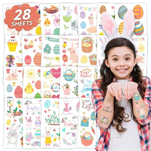EMOME 270 Styles Easter Glitter Tattoos for Kids, Glitter Easter Temporary Tattoos Stickers for Basket Stuffers Goodie Kids, Easter Egg Fillers Party Supplies Favors (28 Sheets)