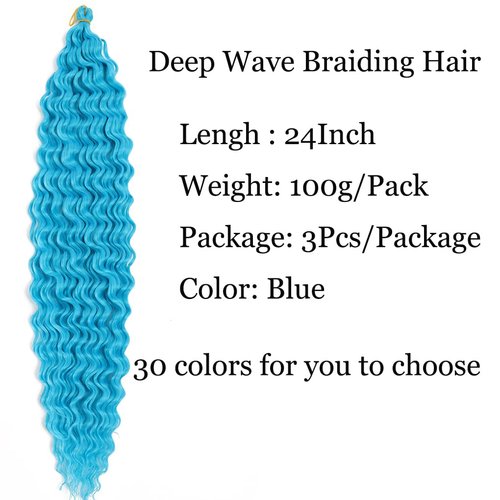 24inch Ocean Wave Braiding Hair Extensions 3packs Long Deep Curly Wave Braid Hair Synthetic Twist Ripple Crochet Deep Wave Braids Hair for Women 100g/pack(24",Blue)