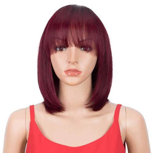 Spotlight Ombre Burgundy Red Bob Human Hair Wigs with Bangs 10 Inch Ombre Red Short Bob Wigs With Bangs 180% Density (Ombre Red, TT1B/99J Color)