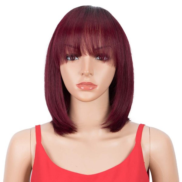 Spotlight Ombre Burgundy Red Bob Human Hair Wigs with Bangs 10 Inch Ombre Red Short Bob Wigs With Bangs 180% Density (Ombre Red, TT1B/99J Color)
