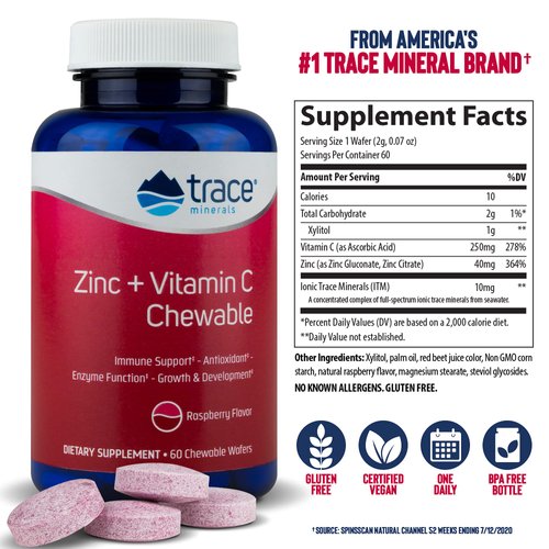 Trace Minerals | Zinc + Vitamin C Chewable | Immune Support, Antioxidant, Enzyme Function, Growth & Development | Gummy | Raspberry | 60 Chewable Wafers