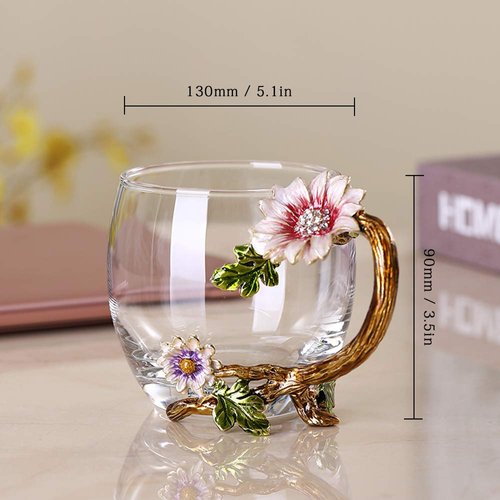 JY-Danbady Enamel Sunflower Crystal Lead-Free Glass Tea Cup with Spoon Set, Present for The Christmas, Valentine's Day.Best Present for Mother, Grandma, Girlfriend, Sister.