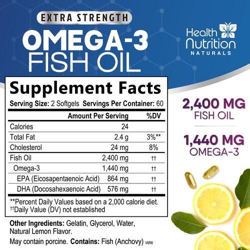 Fish Oil 2400 mg with Omega-3, EPA & DHA - Triple Strength Omega Supplement - Natural Support for Immune, Heart & Brain Health - Nature's Lemon Flavor, Burpless, Wild Caught, Non-GMO - 120 Softgels
