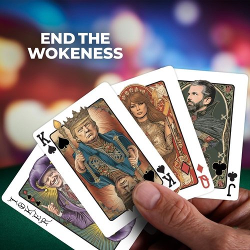 END THE WOKENESS: Trump Family Poker Playing Cards - Premium Collectible Deck Featuring Trump, Melania, Trump Jr., and Biden Joker Cardstock for Poker Nights - 52 Cards + 2 Jokers, Standard