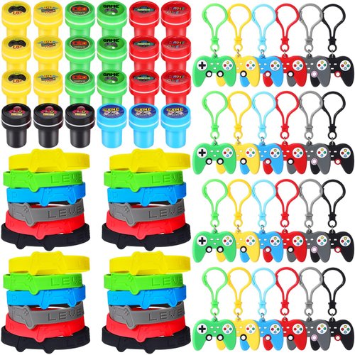 Skylety 72 Pcs Video Game Party Favor Set, Rubber Bracelets Stamps Video Game Acrylic Lobster Keychain Gamer Birthday Party Favors Supplies, Gift Bag Stuffer for Kids