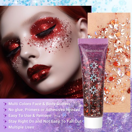BADCOLOR Red Face Body Glitter Gel, Holographic Shimmer Chunky Glitters Makeup for Hair Nails Eye Lips, Music Festival Concert Rave Accessories Party, Long Lasting Sparkling Mermaid Sequins Gel Kit