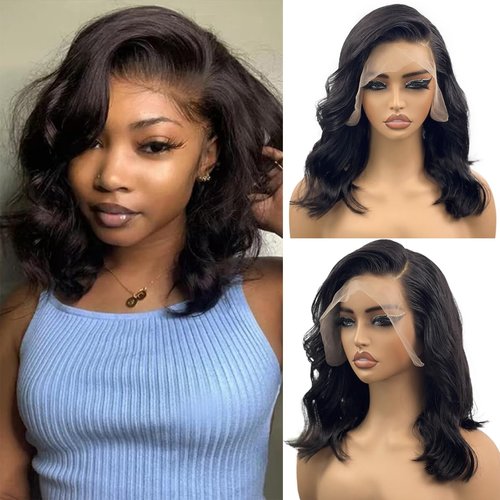 Pazat Bob Wig Human Hair Short Wigs Human Hair for Women 13x4 HD Lace Front Wigs Human Hair Pre Plucked with Baby Hair 180 Density Glueless Body Wave Lace Front Wigs Human Hair Natural Black 12 Inch