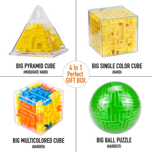 OnlyGeniusMindCanSolve 4in1 Puzzle Cubes Gift Set- 4 * 36 Challenges Big Sized 3D Maze Cube, 3D Rolling Ball Maze Cube, Pyramid Puzzle Cube, Premium Brain Twister Leisure Cube for Kids and Adults