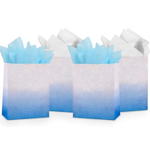 UNIQOOO 12Pcs Blue Glitter Ombre Gift Bags Bulk, 100% Recyclable Gift Wrapping Paper Bags, for Bridal Baby Shower, Wedding Birthday Party Favor Thank You Bag, Easter, Mother's Day, Medium 9x7x4 inch