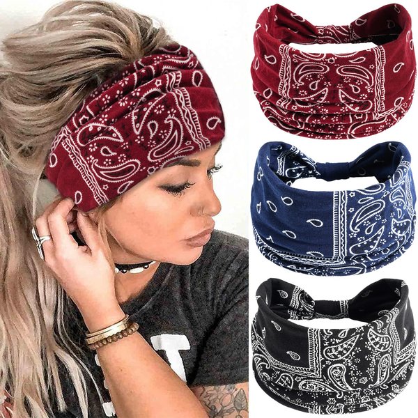SAWINDA Boho Headbands for Women Wide Soft Hair Bands Non-slip Elastic Yoga Workout Sweat Headband Bandanas Stretchy Hair Twisted Knot Accessories for Women and Girls (Pack of 3)