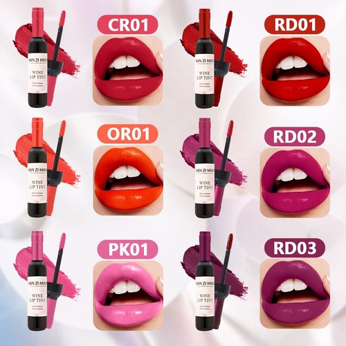 VOLLUCK Wine Liquid Lipstick, Lady Long Lasting Make Up Gloss Matte Lip Tint Wine Bottle Cover, Waterproof, Valentine's Day Gift Kit Ideas for Girlfriend, Mom, Friend (6 Colors)