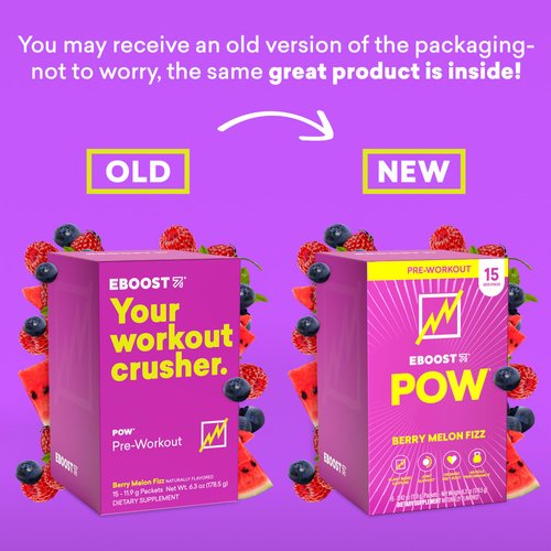 EBOOST POW Natural Pre Workout Powder –15 Packets - Berry Melon Fizz - A Pre Workout Supplement for Performance, Joint Mobility Support, Energy, Focus - Men & Women - Non-GMO, Gluten-Free, No Creatine