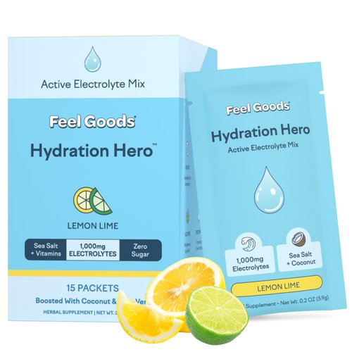 Feel Goods Hydration Hero, 1,000mg Electrolytes Powder, Sugar Free, Magnesium, Organic Coconut Water, L Theanine, Vitamin C & B12, Non GMO, Keto, Vegan, Electrolyte Packets | Lemom Lime, 15 Count