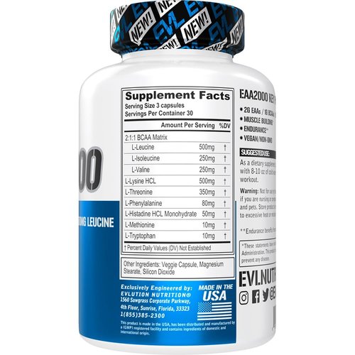 Evlution Nutrition EAA2000 - Pre & Post Workout Capsules - Muscle Building + Recovery Supplement - 2g Essential Amino Acids + 1g BCAAs - Endurance + Energy Support - 30 Servings