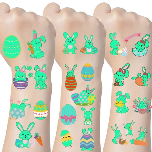 Easter Glow Temporary Tattoo for Kids 73 Pieces Luminous Bunny Fake Tattoos Rabbit Carrot Eggs Chick Design Tattoo Stickers for Women Girls Boys Gift Easter Party favors Supplies