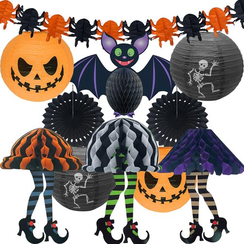 Peywot 11Pcs Halloween Party Decorations, Pumpkin Paper Lanterns, Halloween Paper Lanterns Pumpkin Paper Fan Spider Garland for Adults Kids Home Decor Indoor Classroom Outdoor