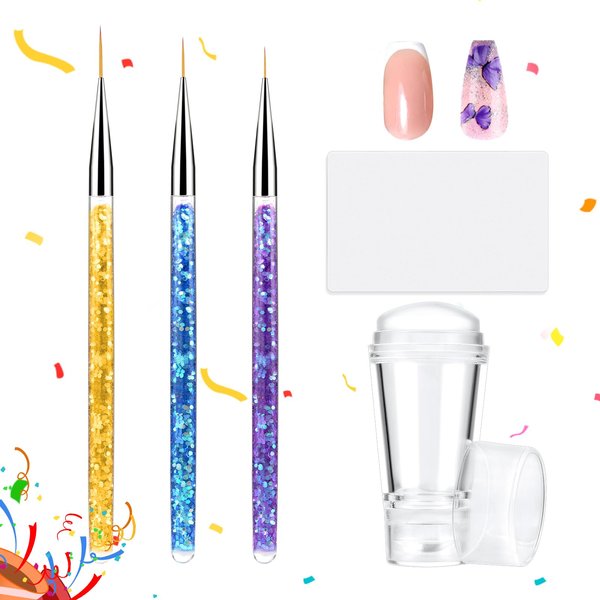 French Tip Nail Stamp Set - Dual Head Silicone Nail Art Stamper With 3 Nail Detail Brush and 1 Scraper, French Tip Nails Art Design Manicure Tools for Home Salon