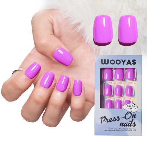 Wooyas Press on Nails Short Square, Pink Glossy Fake Nails Made by Soft Gel，Reusable Salon Perfect Handmade Short Press on Nails in 12 Sizes - 24 Pcs Soft Gel Glue On Nails Kit, Pink Purple Color