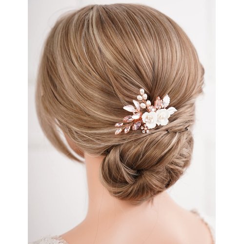 Missgrace Bridal Hair Accessories: Crystal Pearl Leaf Rhinestone Hair Comb, Gold Flower Side Clips for Brides and Women (Rose Gold Pink)
