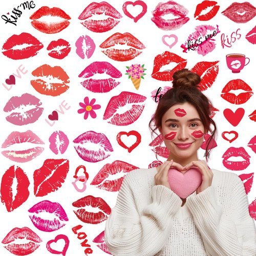 JoyfulGlam 80 Pcs Valentine's Day Red Lips Temporary Tattoo Red Heart Lip Waterproof Sexy Fake Tattoo Stickers For Adult Women Girls Lover Theme Party Decorations