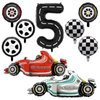 Number 5 Race Car Balloons, 43 Inch Race Car Party Decorations, Wheel Tire Balloons, Black and White Checkered Foil Balloons, Car Balloons for Boys 5th Birthday Party Decoration - Pack of 9