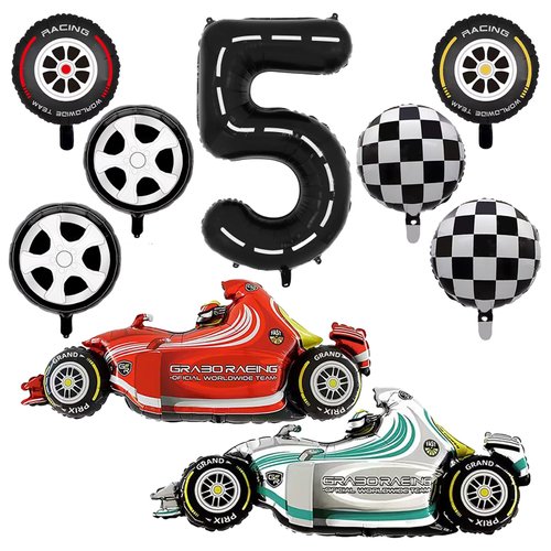 Number 5 Race Car Balloons, 43 Inch Race Car Party Decorations, Wheel Tire Balloons, Black and White Checkered Foil Balloons, Car Balloons for Boys 5th Birthday Party Decoration - Pack of 9