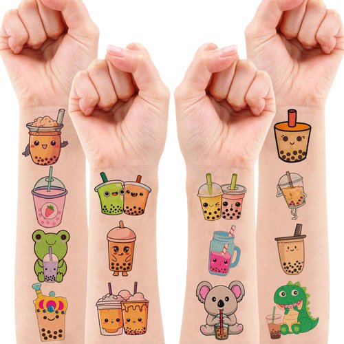 108 PCS Funny Bubble Boba Milk Tea Temporary Tattoos Sticker Boba Tea Theme Birthday Party Decorations Supplies Decor Favors Gifts Boys Girls Adults Cute Tattoo School Reward Prizes Christmas Carnival