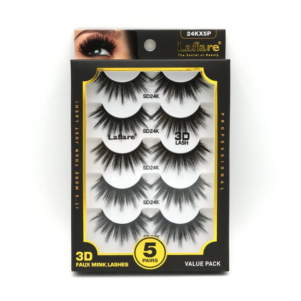 Laflare Premium Silk Lashes 3D Faux Mink Eyelashes Multipack, Light, Natural Looking, Professional Easy to Apply Eyelashes in a Knitted Style 5 Pairs Value Pack (24KX5P)