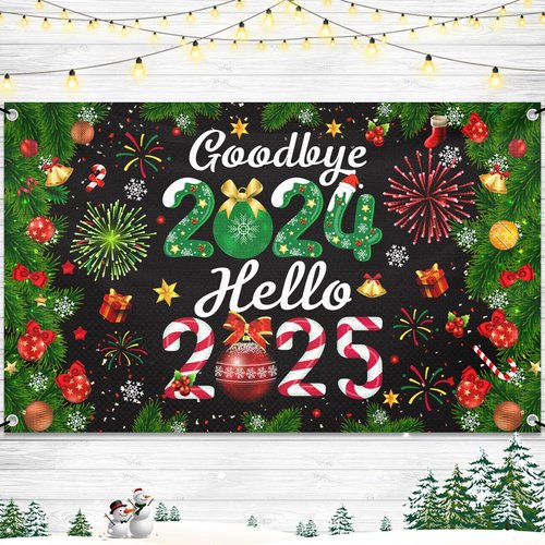 Stcomart Goodbye 2024 Hello 2025 Banner Backdrop for New Years Eve Party Supplies 2025, New Year Backdrop Decorations 2025, Black