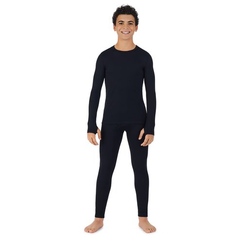 Cuddl Duds Boy's Long Sleeve and Pant Mositure Wicking Thermal Underwear Base Layer 2-Piece Top and Bottom Set - Black, Medium