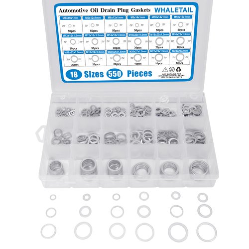WHALETAIL 550PCS Automotive Oil Drain Plug Gaskets, Aluminum Assortment Crush Washer Kit, M6 M8 M10 M12 M14 M16 M18 M20 M22 M24