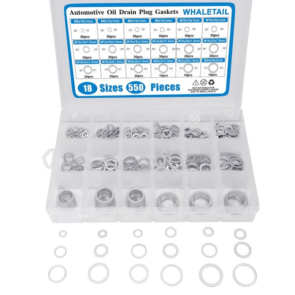 WHALETAIL 550PCS Automotive Oil Drain Plug Gaskets, Aluminum Assortment Crush Washer Kit, M6 M8 M10 M12 M14 M16 M18 M20 M22 M24