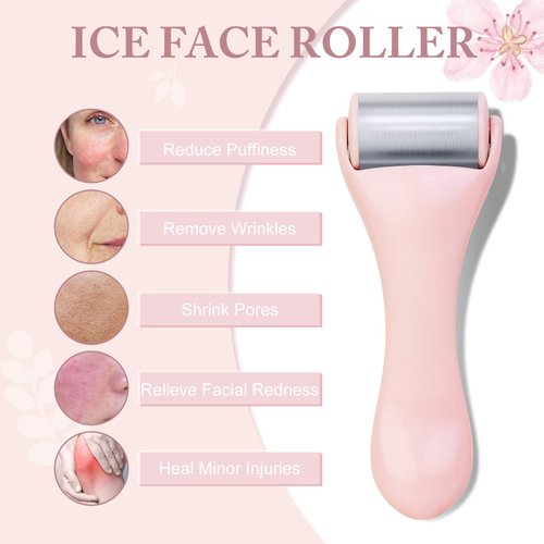 Ice Roller for Face and Eye 2 Pcs,Face Roller Skin Care for Puffiness,Migraine,Pain Relief,Eye Roller For Puffy Eyes Dark Circles,Stainless Steel Facial Roller (Pink)