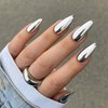 Qsnidy Lustrous Sliver Chrome Press on Nails Medium, Almond Fake Nails Metallic Mirrored Acrylic Nails Glue on, Glossy Stiletto False Nails for Women, Reusable Stick On Nails, 12 Sizes - 24 Nails Kit