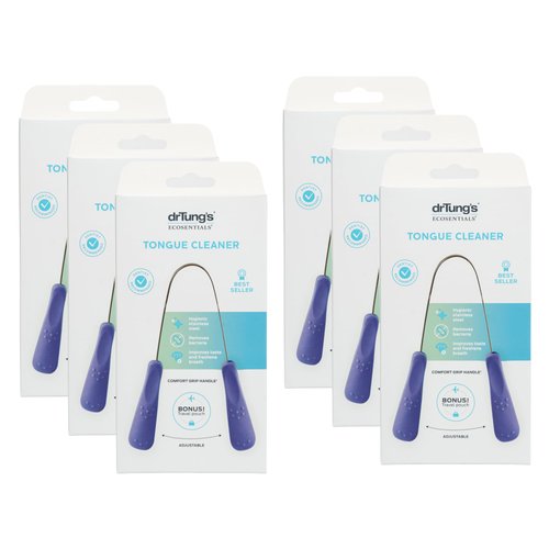 DrTung’s Stainless Steel Metal Tongue Scraper - Tongue Cleaner for Adults, Kids, Helps Freshen Breath, Easy to Use Comfort Grip Handle, Comes with Fabric Travel Pouch - 6 Pack