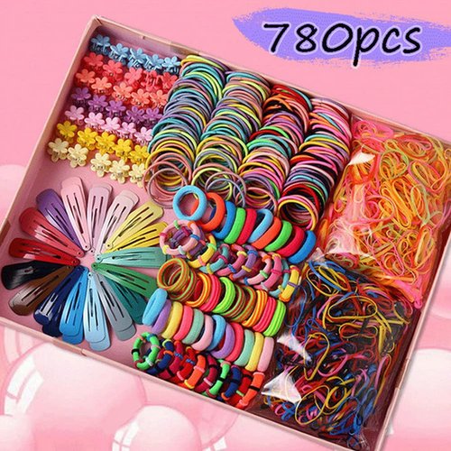 780 pcs Girls Hair Clip Hair Tie Set, Baby Little Girls Hair Accessories Set, Multicolor Lovely Girl Elastic Rope Hair Ties Ponytail Holder Hair Clips Hairband Set