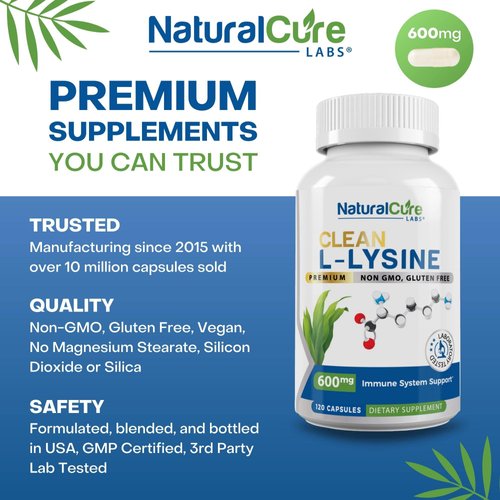 Natural Cure Labs Clean L-Lysine 600mg, 120 Capsules | Vegan, Non-GMO, & Gluten Free