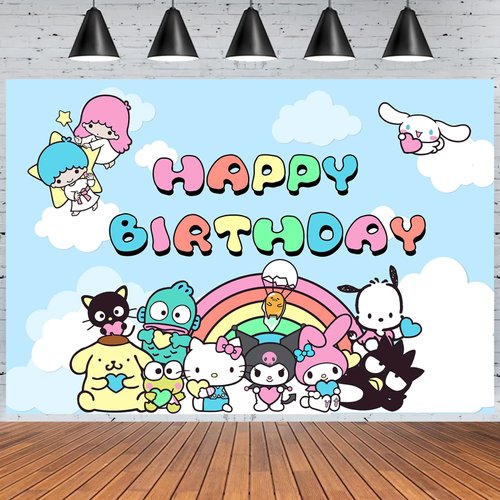 Hello Kitty, Kuormi, Cinnamoroll Birthday Party Supplies, Happy Birthday Backdrop for Kawaii Sanro Theme Party, 5 x 3 FT Keroppi Birthday Banner for Girls Boys Kids Birthday Party Decorations
