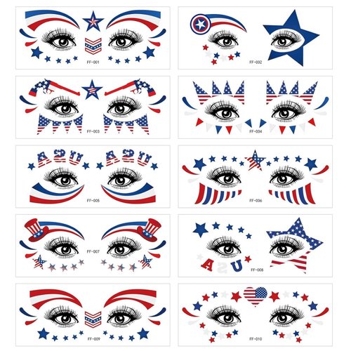 4th of July Decorations Face Eye Tattoos USA Flag Star Temporary Tattoos Patriotic Independence Day Temporary Tattoo Stickers Red White and Blue Party Supplies American theme Party Favors 10 Sheets
