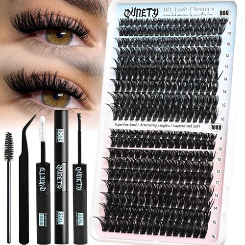 QUNETY Lash Clusters Kit 360 Clusters Lash Extension Kit 80D+100D DIY Eyelash Extensions Kits C curl Individual Wispy Lashes Cluster Natural Eye Lash Extension Trays with Glue&Tweezers for Beginners