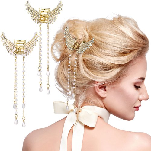ANCIRS 2 Pack Pearl Long Tassel Hair Claw Clips for Women, Rhinestone Butterfly Hair Barrettes Ac...